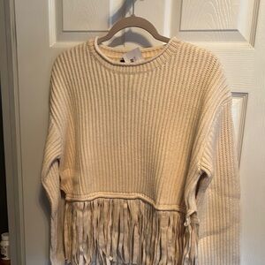 Cream Chunky Knit Crew Neck Sweater with Fringe Detail